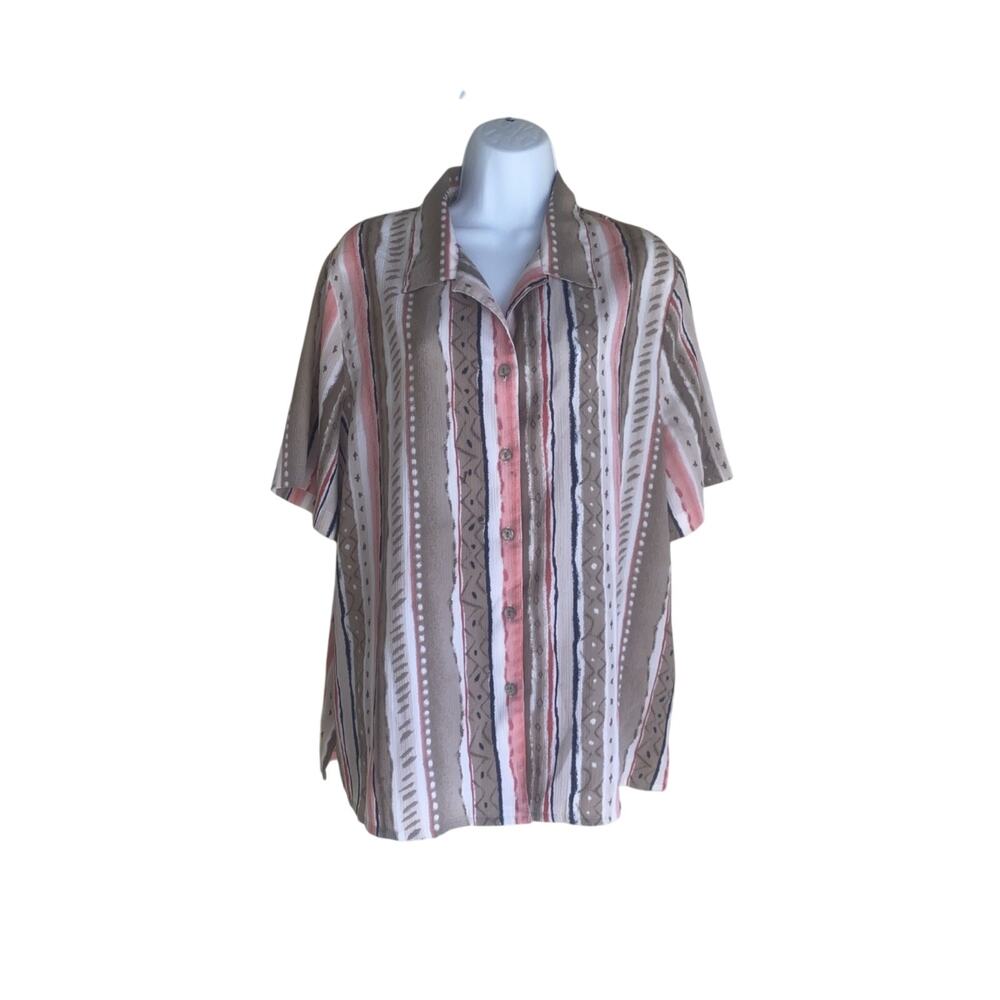 VTG Allison Daley Plus 16 Boho Stripe Button Up Summer Blouse Grandma Academia